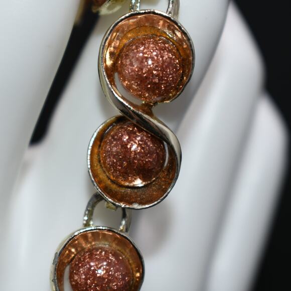 Vintage Lucite Faux Goldstone Bracelet, Gold Tone, 1960s Jewelry - Picture 3 of 10